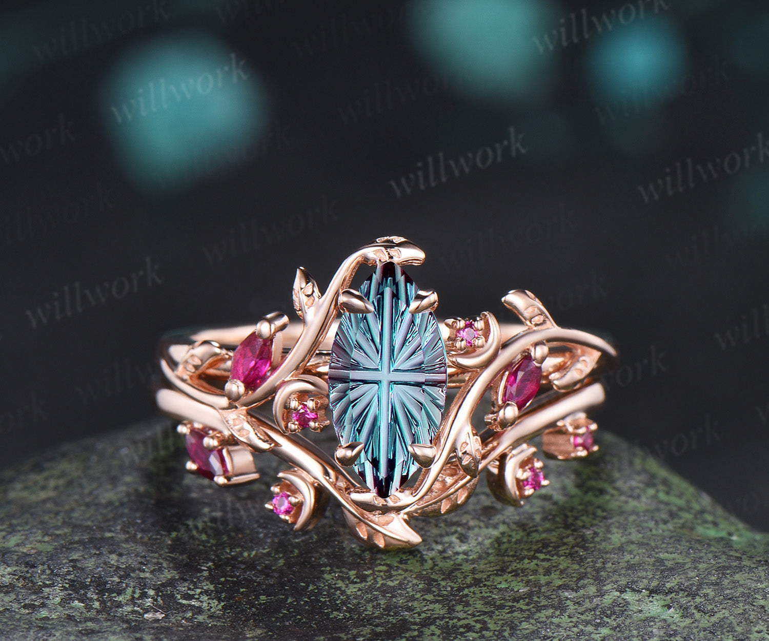 Marquise Fantasy Cut Alexandrite Ring Set Leaf Twig Moon Promise