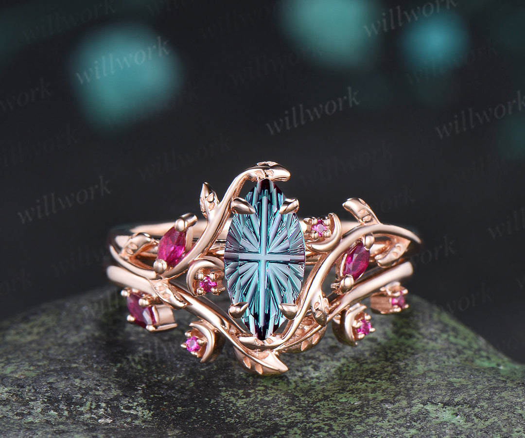 Marquise Fantasy Cut Alexandrite Ring Set Leaf Twig Moon Promise Ring Ruby Accent Wedding Band Color Change Gemstone Bridal Set