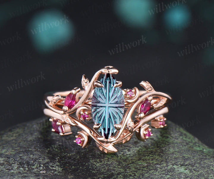 Marquise Fantasy Cut Alexandrite Ring Set Leaf Twig Moon Promise Ring Ruby Accent Wedding Band Color Change Gemstone Bridal Set