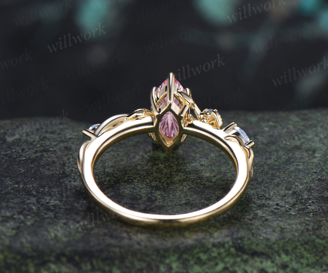 Marquise Fantasy Cut Padparadscha Engagement Ring Twig Vine Moonstone Accent Promise Ring Nature Inspired Jewelry Gifts