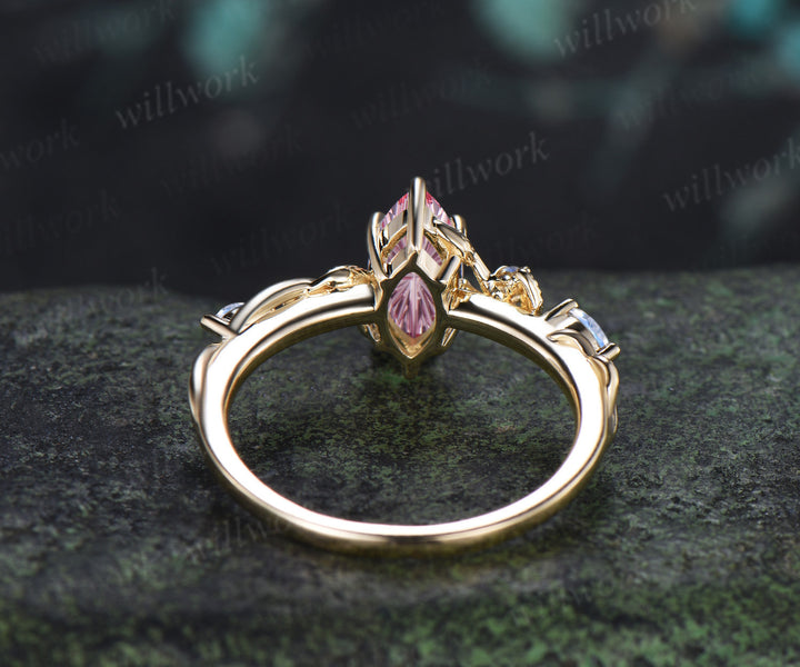 Marquise Fantasy Cut Padparadscha Engagement Ring Twig Vine Moonstone Accent Promise Ring Nature Inspired Jewelry Gifts