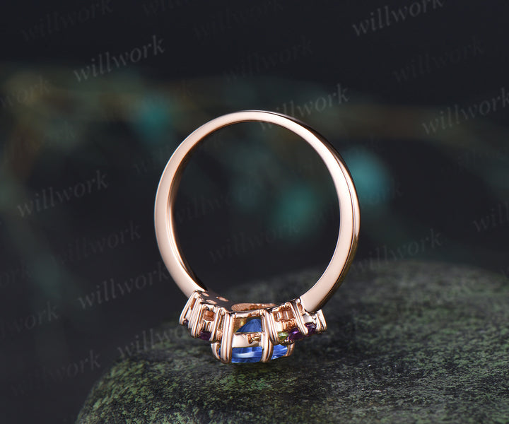 Unique marquise fantasy cut sapphire engagement ring cluster peridot amethyst bridal wedding ring September birthstone ring