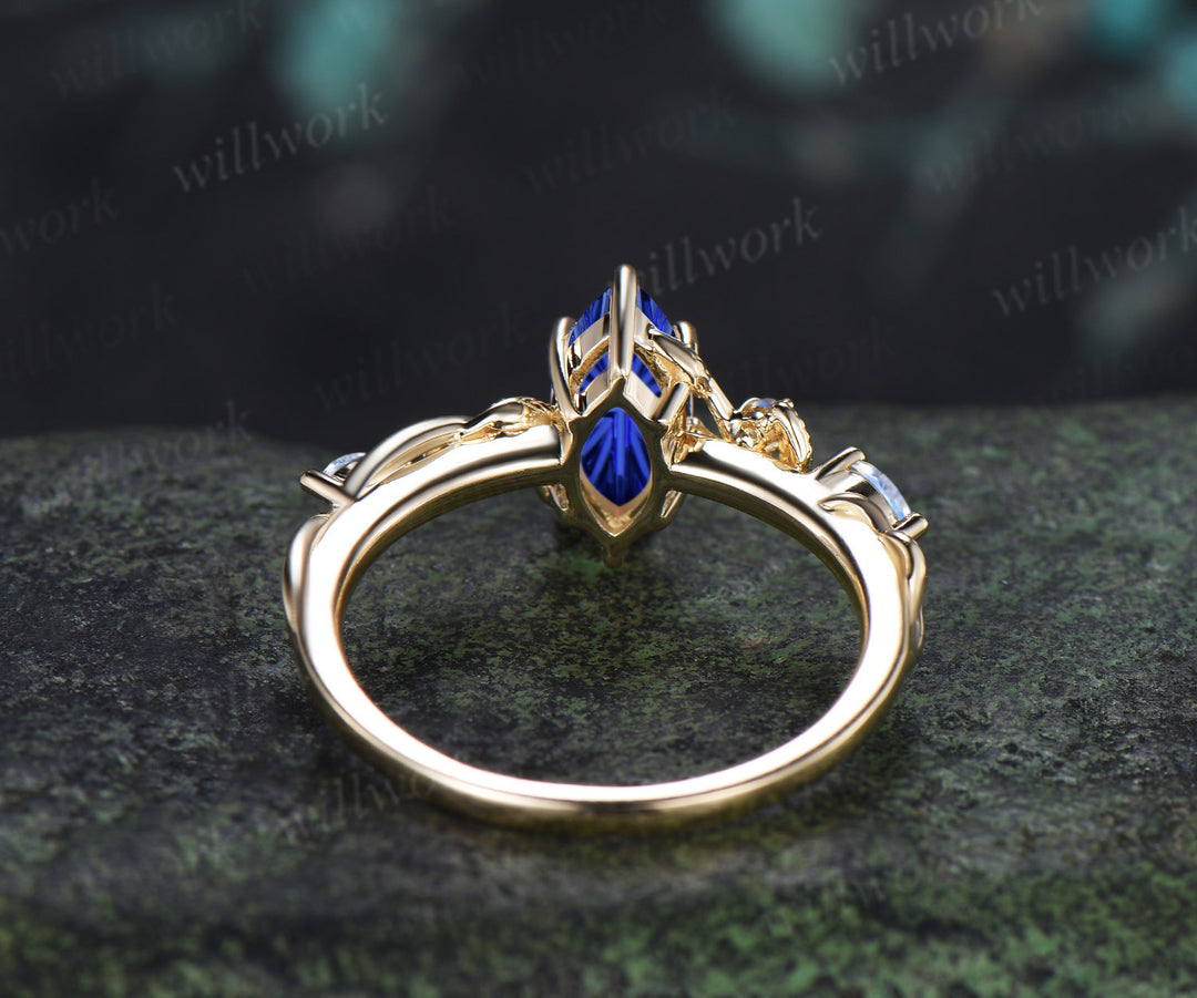 Vintage Marquise Fantasy Cut Sapphire Engagement Ring Leafy Vine Moonstone Accent Promise Ring Blue Sapphire Bridal Ring
