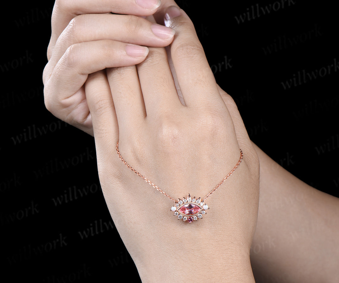 Marquise padparadscha pink sapphire necklace moissanite opal accents pink tourmaline pendant gifts for her