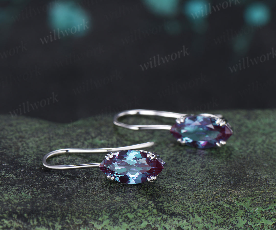 Marquise cut alexnadrite drop earrings minimalist 8 prongs solitaire color change gemstone hook earrings gifts for women