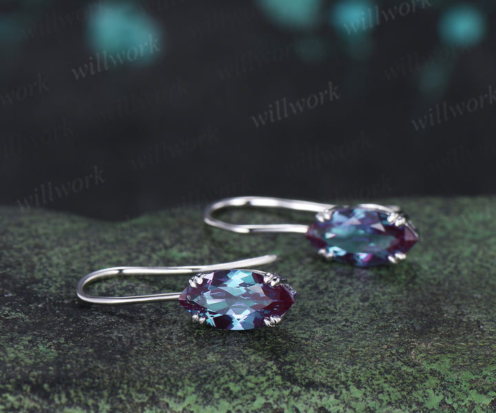 Marquise cut alexnadrite drop earrings minimalist 8 prongs solitaire color change gemstone hook earrings gifts for women