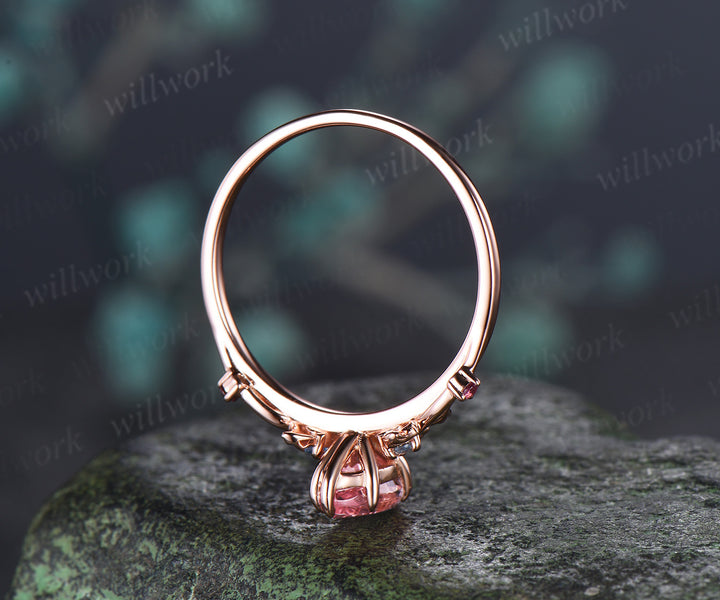 1ct Marquise Fantasy Cut Padparadscha Engagement Ring Ginkgo Leaf Five Stones Alexandrite Accent Promise Ring Nature Inspired Pink Sapphire Ring