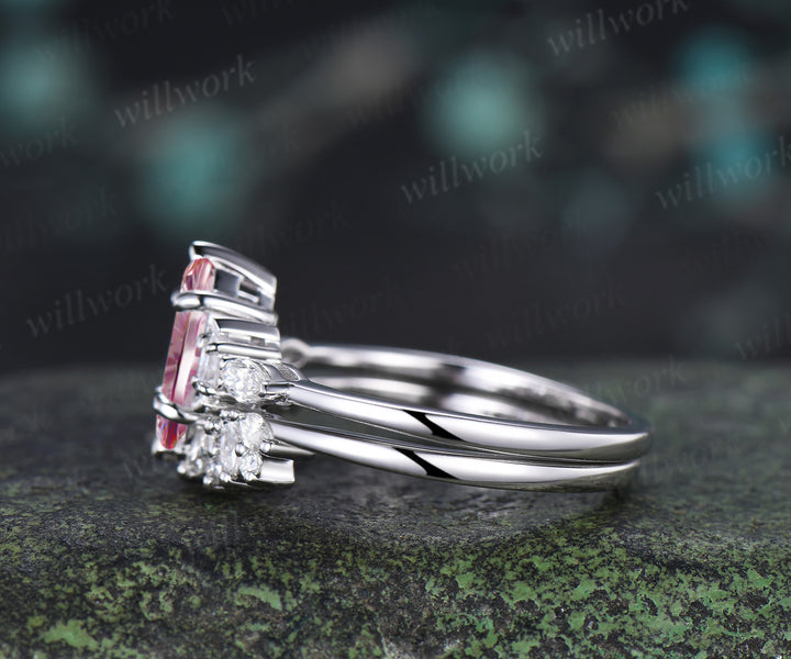 Marquise Fantasy Cut Padparadscha Ring Set Five Stone Promise Ring Moissanite Accent Cluster Wedding Band Pink Sapphire Ring Set
