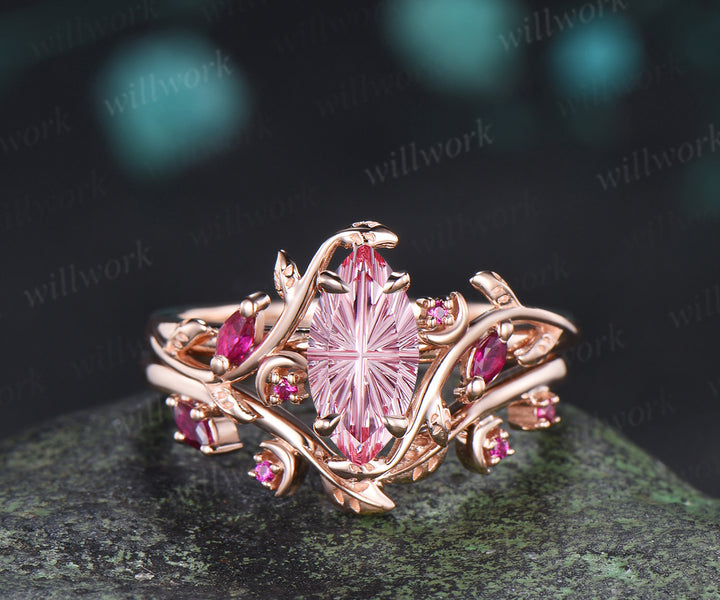Marquise Fantasy Cut Padparadscha Ring Set Leaf Twig Moon Promise Ring Ruby Accent Wedding Band Pink Sapphire Ring Set