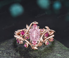 Marquise Fantasy Cut Padparadscha Ring Set Leaf Twig Moon Promise Ring Ruby Accent Wedding Band Pink Sapphire Ring Set