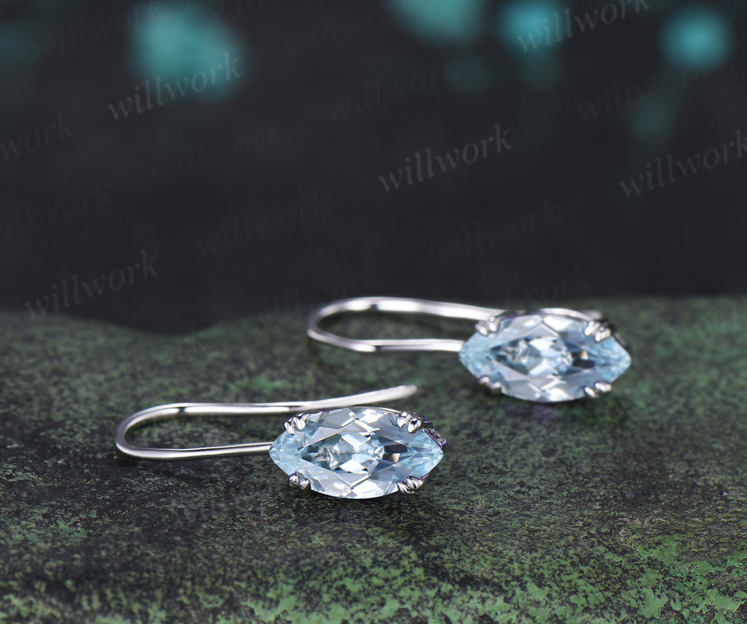 Marquise cut natural aquamarine drop earrings minimalist blue gemstone hook earrings March jewelry gifts