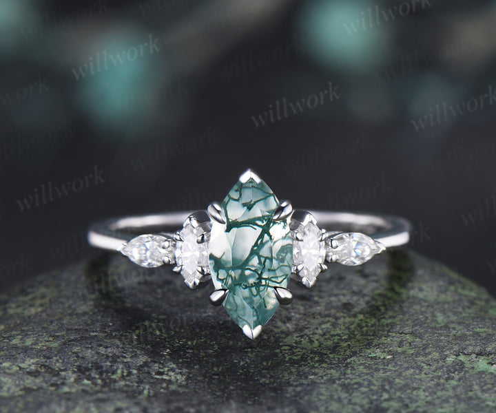 Marquise Cut Moss Agate Engagement Ring Set Moissanite Cluster Promise Ring Open Cuff Wedding Band Alternative Bridal Set