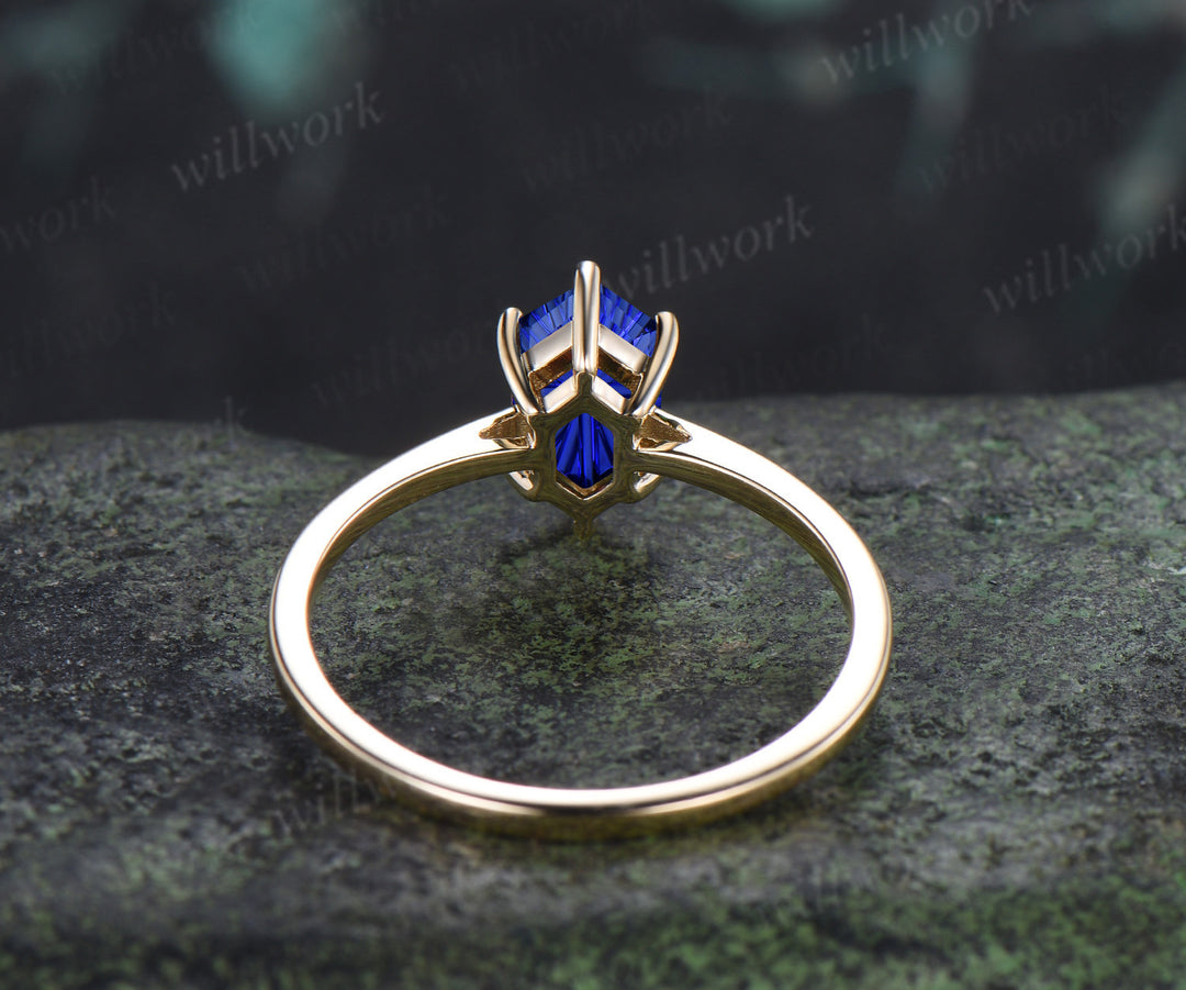 Hexagon Fantasy Cut Blue Sapphire Engagement Ring 6 Prong Solitaire Promise Ring Minimalist Sapphire Wedding Ring