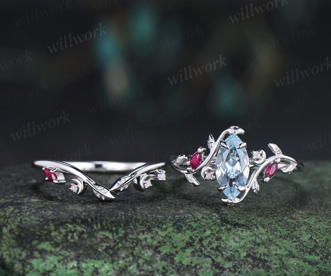 Marquise cut natural aquamarine engagement ring set leaf nature inspired ruby opal moon wedding band bridal set