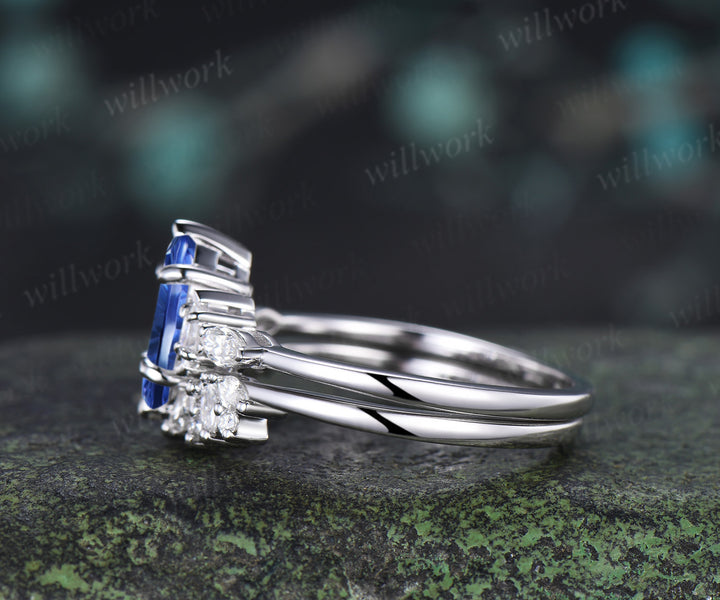 Marquise Fantasy Cut Sapphire Ring Set Five Stone Promise Ring Moissanite Cluster Open Gap Wedding Band Sapphire Ring Set