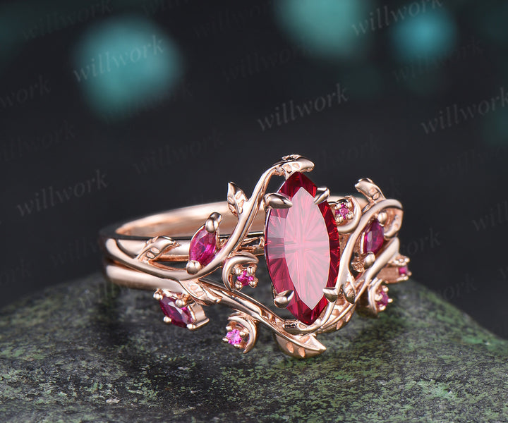 Marquise Fantasy Cut Ruby Ring Set Leaf Twig Moon Promise Ring Ruby Accent Nature Inspired Bridal Set