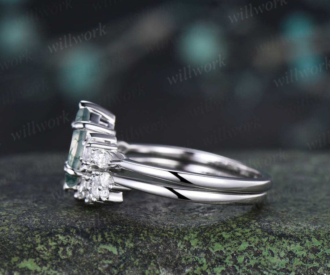Marquise Cut Moss Agate Engagement Ring Set Moissanite Cluster Promise Ring Open Cuff Wedding Band Alternative Bridal Set