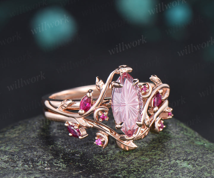 Marquise Fantasy Cut Padparadscha Ring Set Leaf Twig Moon Promise Ring Ruby Accent Wedding Band Pink Sapphire Ring Set