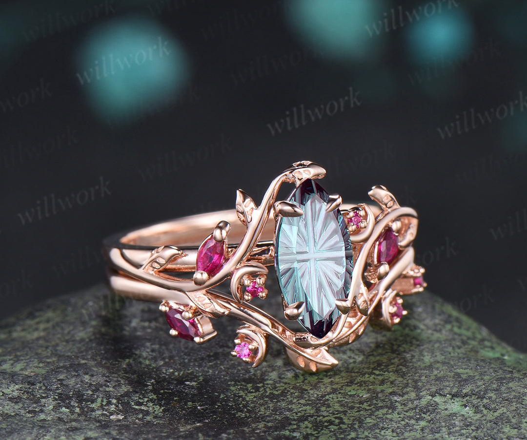 Marquise Fantasy Cut Alexandrite Ring Set Leaf Twig Moon Promise Ring Ruby Accent Wedding Band Color Change Gemstone Bridal Set