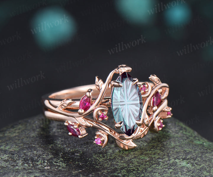 Marquise Fantasy Cut Alexandrite Ring Set Leaf Twig Moon Promise Ring Ruby Accent Wedding Band Color Change Gemstone Bridal Set