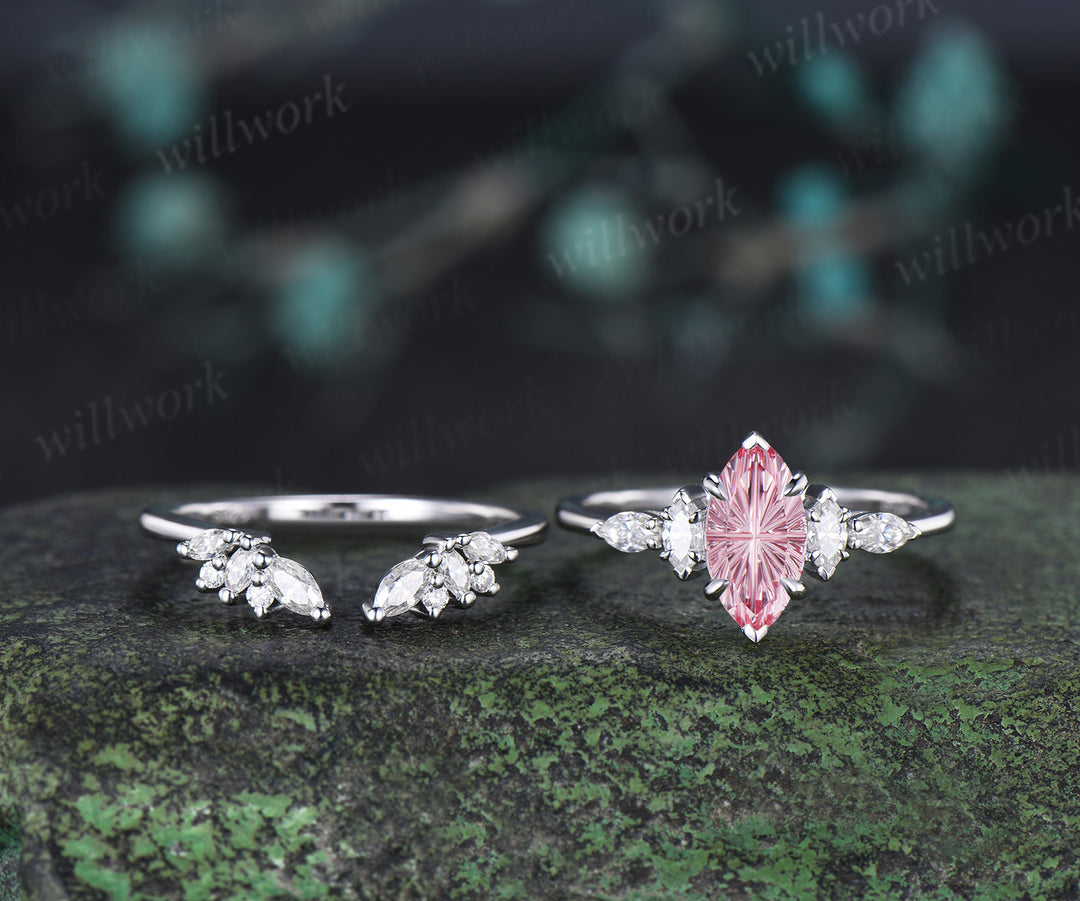 Marquise Fantasy Cut Padparadscha Ring Set Five Stone Promise Ring Moissanite Accent Cluster Wedding Band Pink Sapphire Ring Set