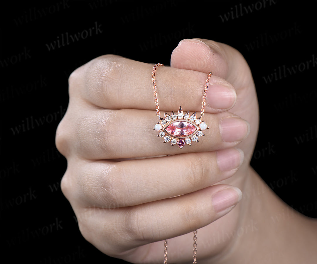 Marquise padparadscha pink sapphire necklace moissanite opal accents pink tourmaline pendant gifts for her