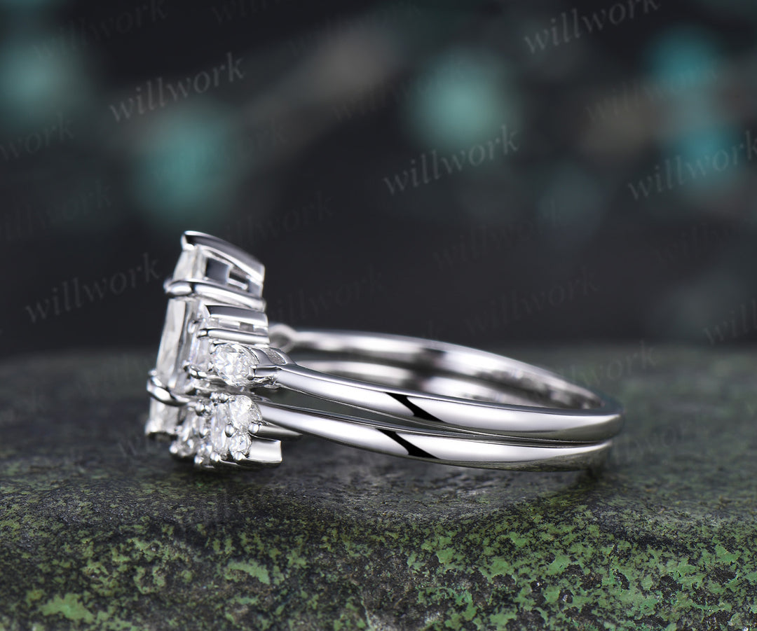 Marquise Cut IGI Lab Grown Diamond Set Five Stone Promise Ring Moissanite Cluster Open Gap Wedding Band Unique Bridal Ring Set