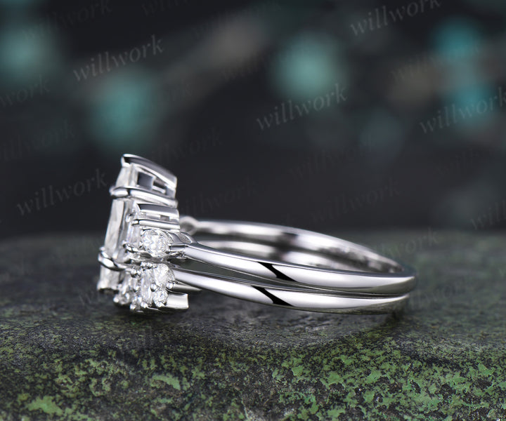 Marquise Cut IGI Lab Grown Diamond Set Five Stone Promise Ring Moissanite Cluster Open Gap Wedding Band Unique Bridal Ring Set