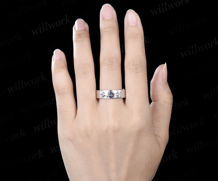 Marquise Alexandrite Art Deco Moon Engagement Ring Set & Matching Alexandrite Moon Star Men Wedding Ring Couple Ring Set