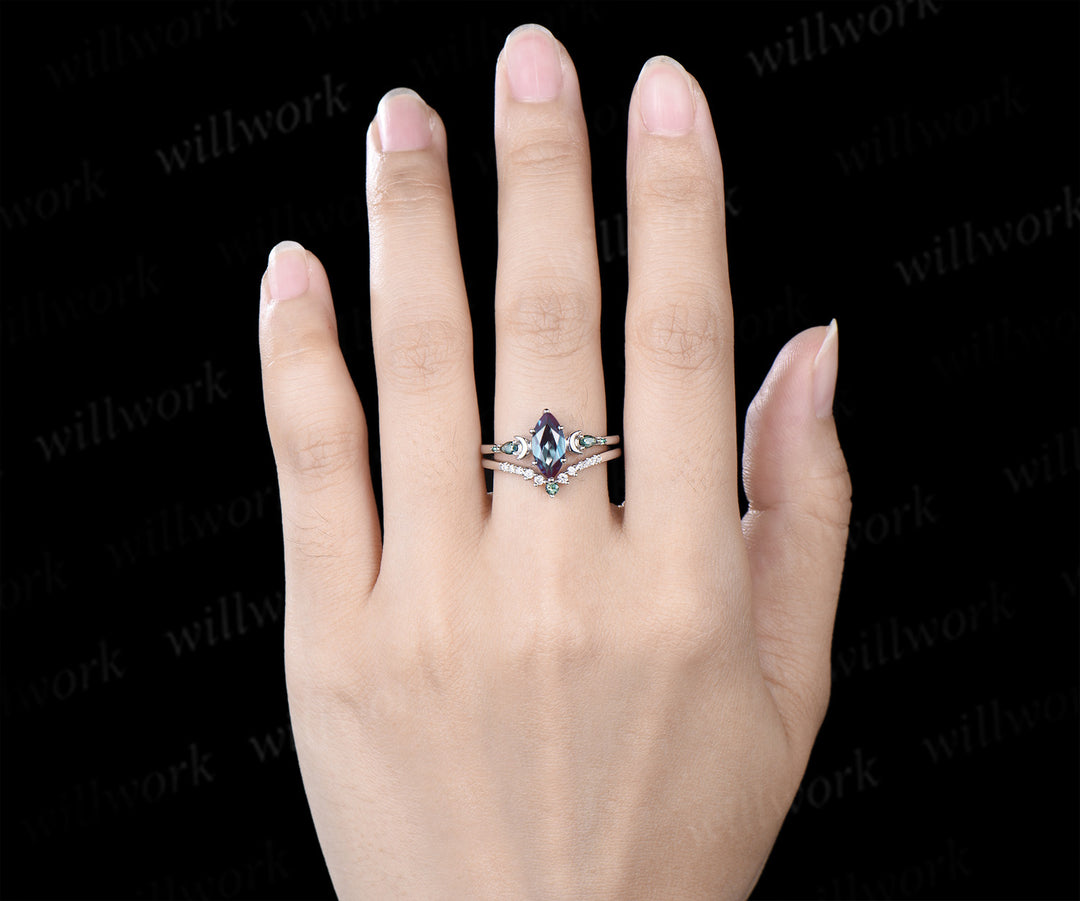 Marquise Alexandrite Art Deco Moon Engagement Ring Set & Matching Alexandrite Moon Star Men Wedding Ring Couple Ring Set