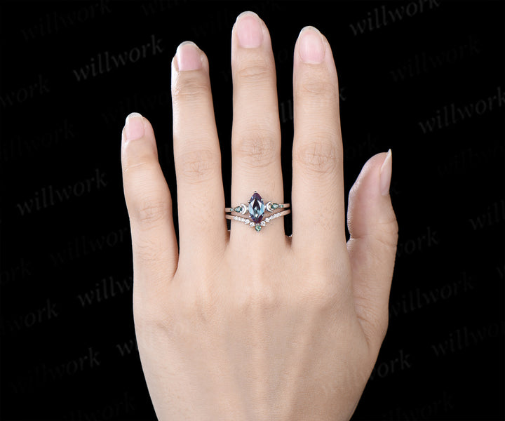 Marquise Alexandrite Art Deco Moon Engagement Ring Set & Matching Alexandrite Moon Star Men Wedding Ring Couple Ring Set
