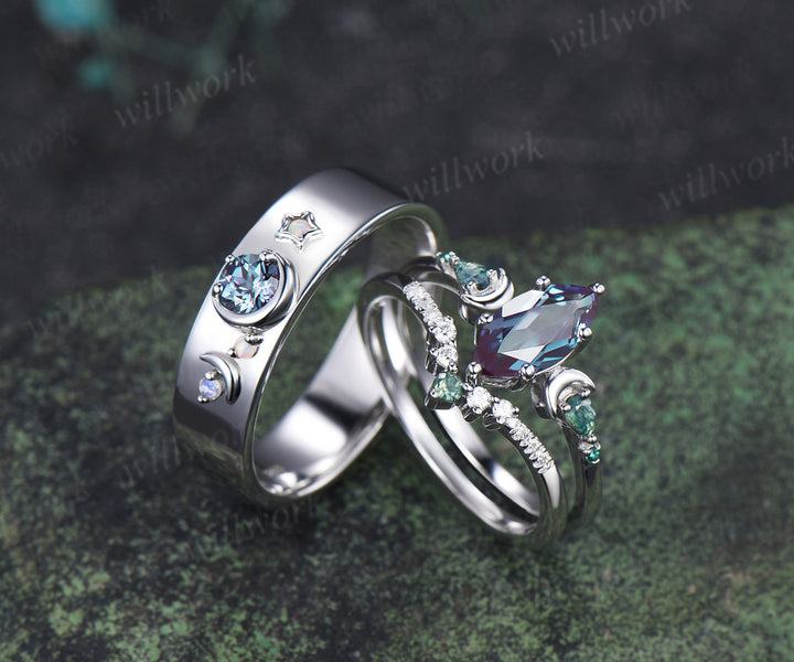 Marquise Alexandrite Art Deco Moon Engagement Ring Set & Matching Alexandrite Moon Star Men Wedding Ring Couple Ring Set