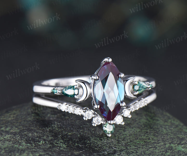 Marquise Alexandrite Art Deco Moon Engagement Ring Set & Matching Alexandrite Moon Star Men Wedding Ring Couple Ring Set