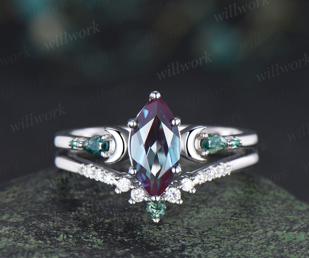 Marquise Alexandrite Art Deco Moon Engagement Ring Set & Matching Alexandrite Moon Star Men Wedding Ring Couple Ring Set