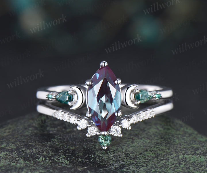 Marquise Alexandrite Art Deco Moon Engagement Ring Set & Matching Alexandrite Moon Star Men Wedding Ring Couple Ring Set