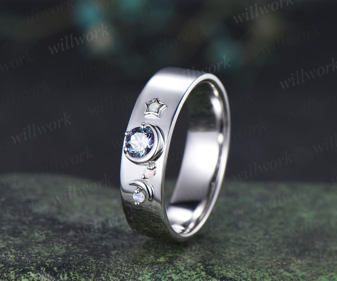 Marquise Alexandrite Art Deco Moon Engagement Ring Set & Matching Alexandrite Moon Star Men Wedding Ring Couple Ring Set