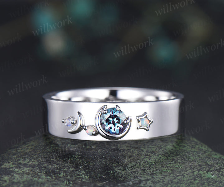 Marquise Alexandrite Art Deco Moon Engagement Ring Set & Matching Alexandrite Moon Star Men Wedding Ring Couple Ring Set