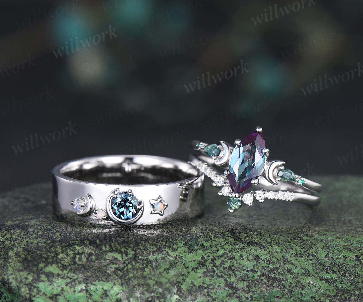 Marquise Alexandrite Art Deco Moon Engagement Ring Set & Matching