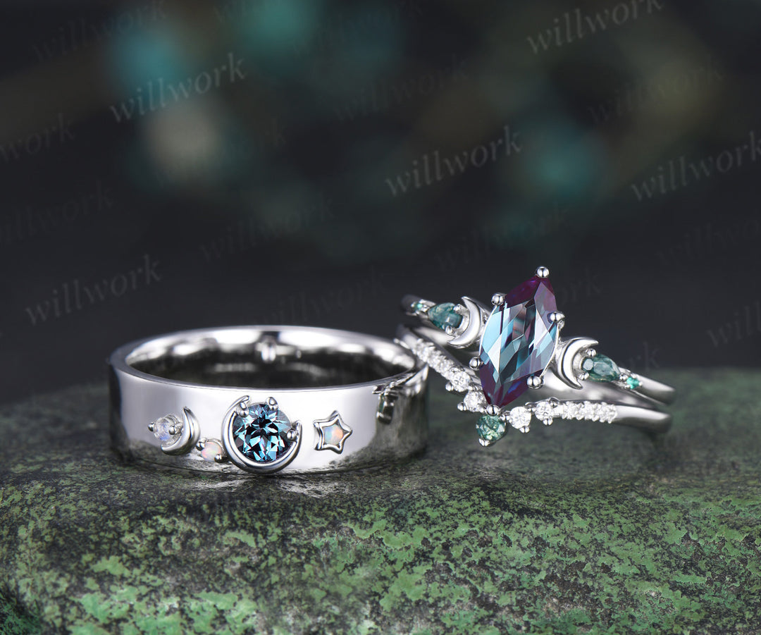 Marquise Alexandrite Art Deco Moon Engagement Ring Set & Matching Alexandrite Moon Star Men Wedding Ring Couple Ring Set