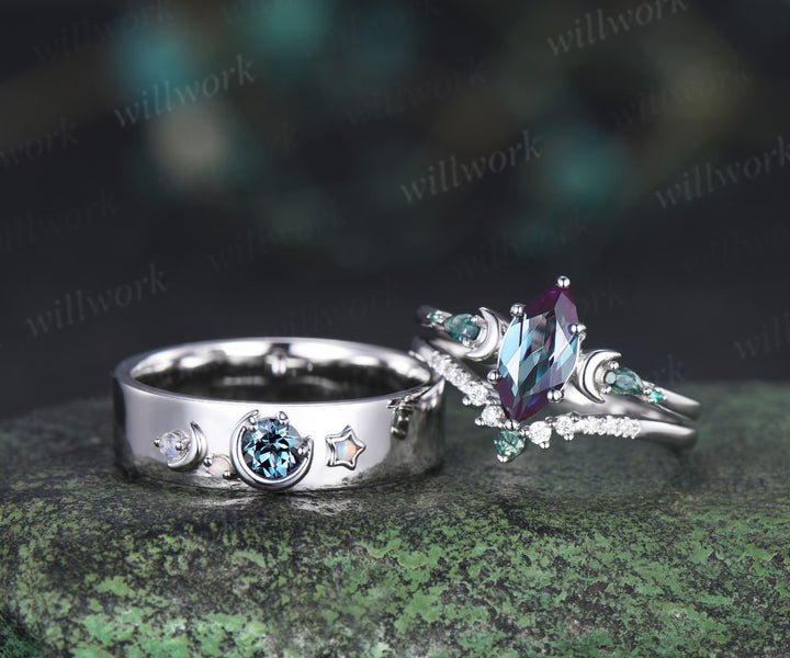 Marquise Alexandrite Art Deco Moon Engagement Ring Set & Matching Alexandrite Moon Star Men Wedding Ring Couple Ring Set