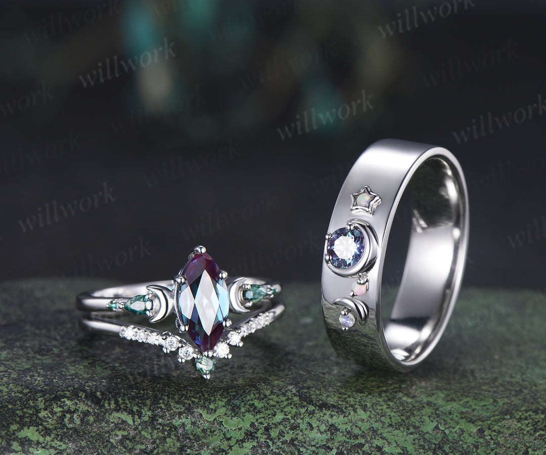 Marquise Alexandrite Art Deco Moon Engagement Ring Set & Matching Alexandrite Moon Star Men Wedding Ring Couple Ring Set