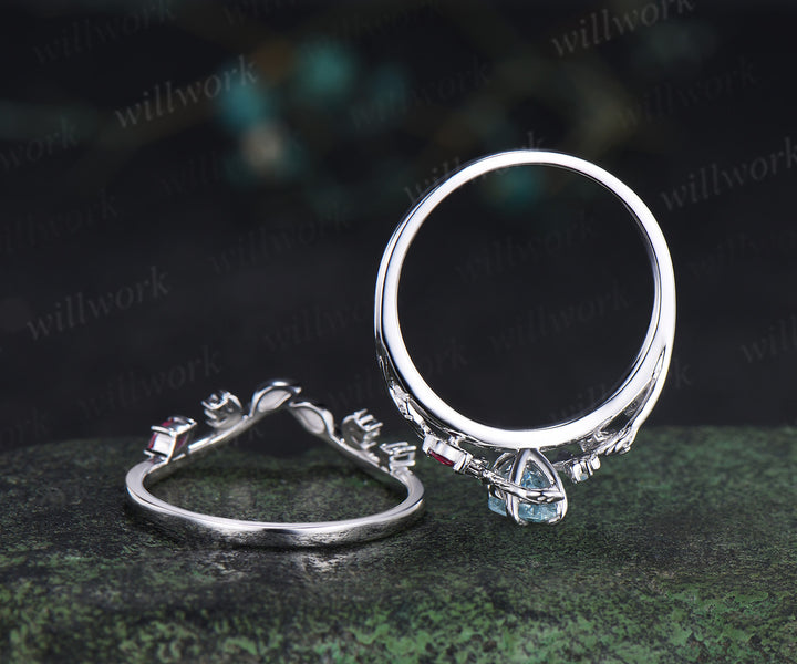 Marquise cut natural aquamarine engagement ring set leaf nature inspired ruby opal moon wedding band bridal set