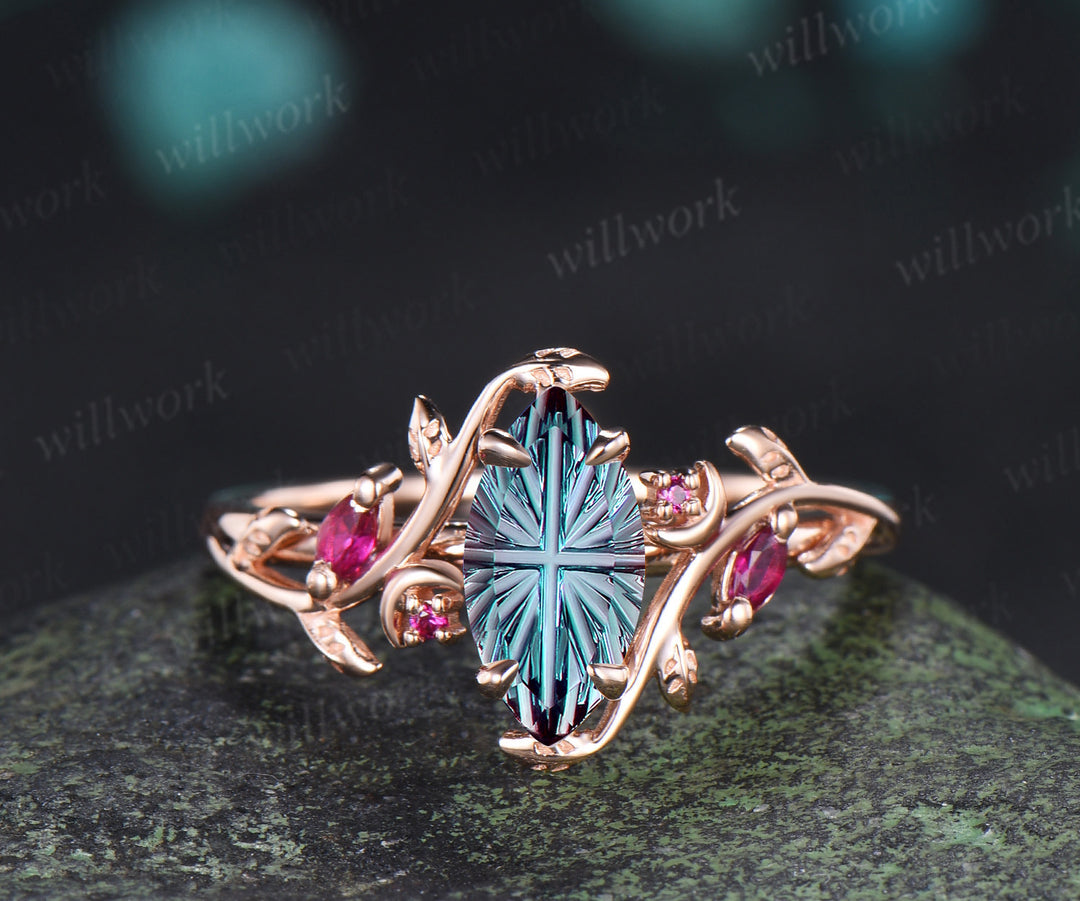 Marquise Fantasy Cut Alexandrite Ring Set Leaf Twig Moon Promise Ring Ruby Accent Wedding Band Color Change Gemstone Bridal Set