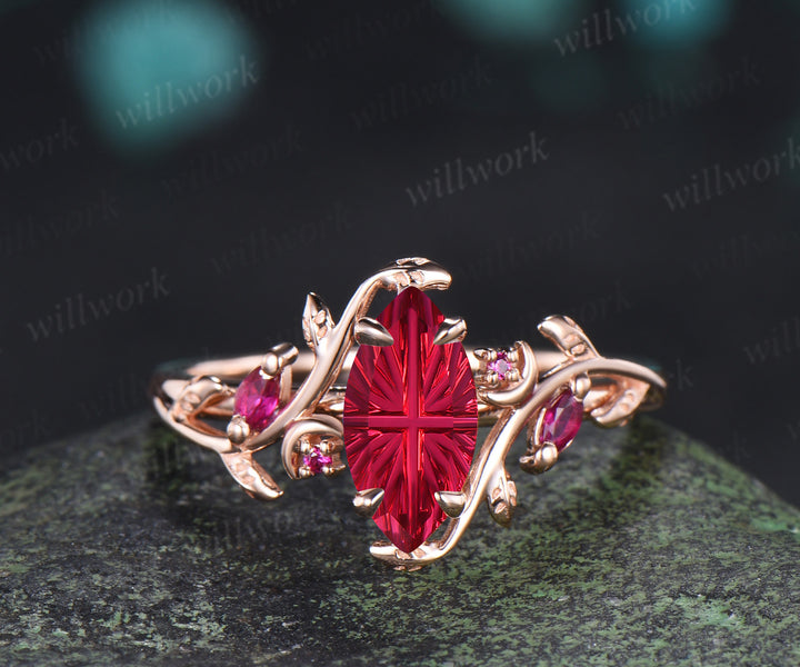 Marquise Fantasy Cut Ruby Ring Set Leaf Twig Moon Promise Ring Ruby Accent Nature Inspired Bridal Set