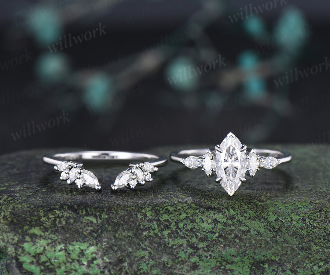 Marquise Cut IGI Lab Grown Diamond Set Five Stone Promise Ring Moissanite Cluster Open Gap Wedding Band Unique Bridal Ring Set