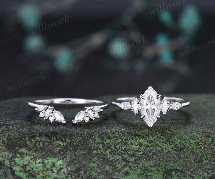 Marquise Cut IGI Lab Grown Diamond Set Five Stone Promise Ring Moissanite Cluster Open Gap Wedding Band Unique Bridal Ring Set