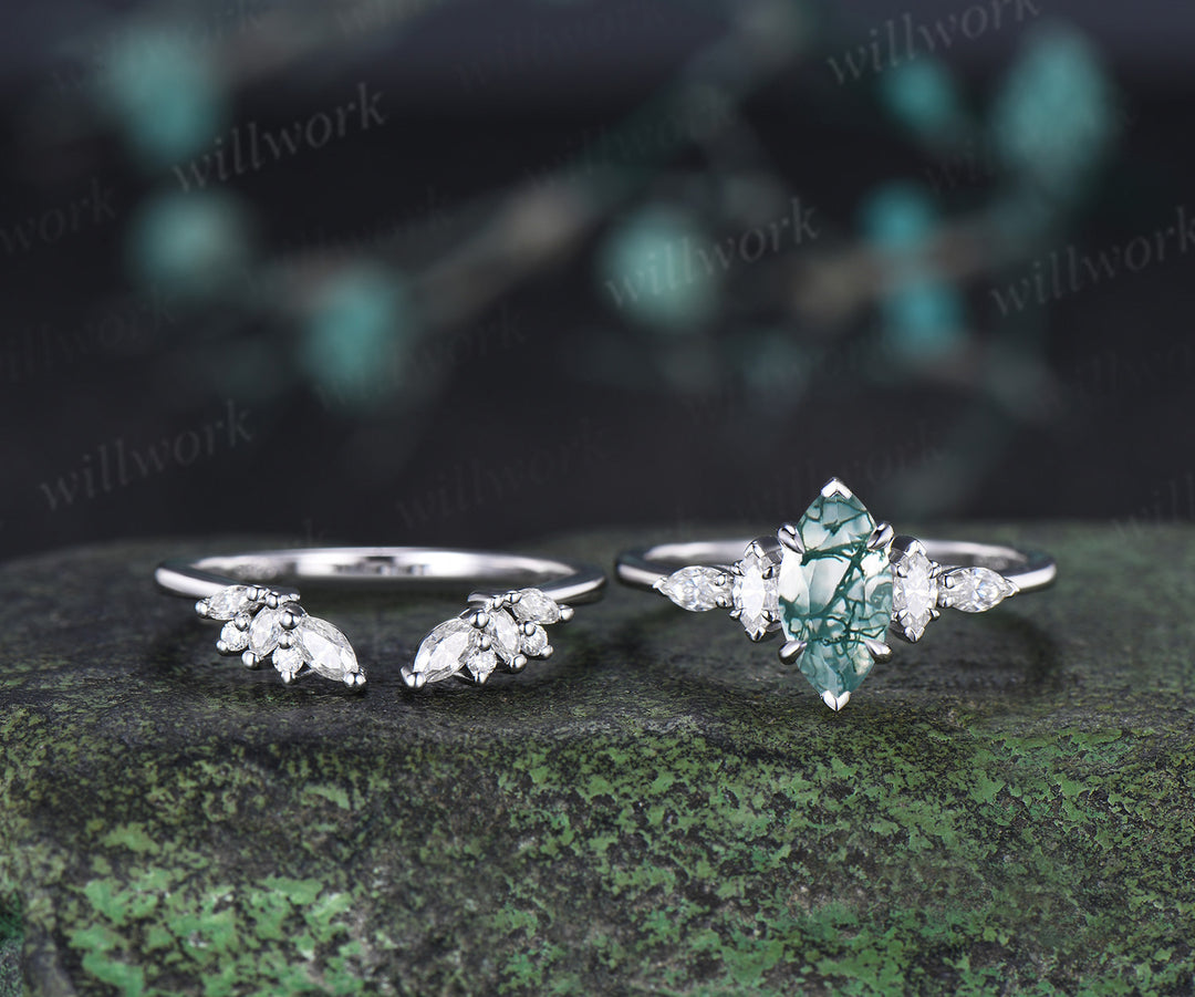 Marquise Cut Moss Agate Engagement Ring Set Moissanite Cluster Promise Ring Open Cuff Wedding Band Alternative Bridal Set