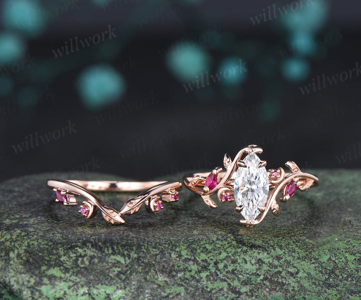 Marquise lab grown diamond ring set leaf moon twig ring ruby accents nature inspired bridal set