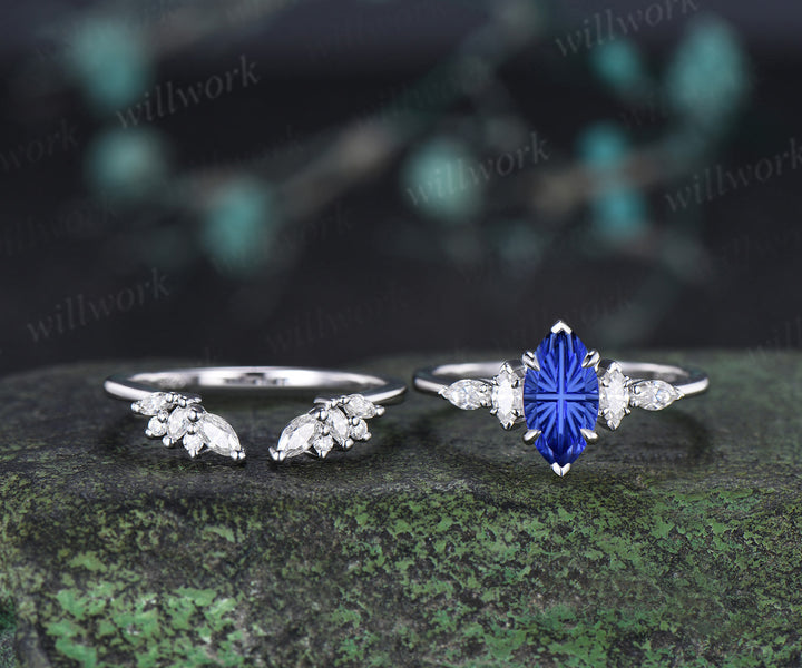 Marquise Fantasy Cut Sapphire Ring Set Five Stone Promise Ring Moissanite Cluster Open Gap Wedding Band Sapphire Ring Set