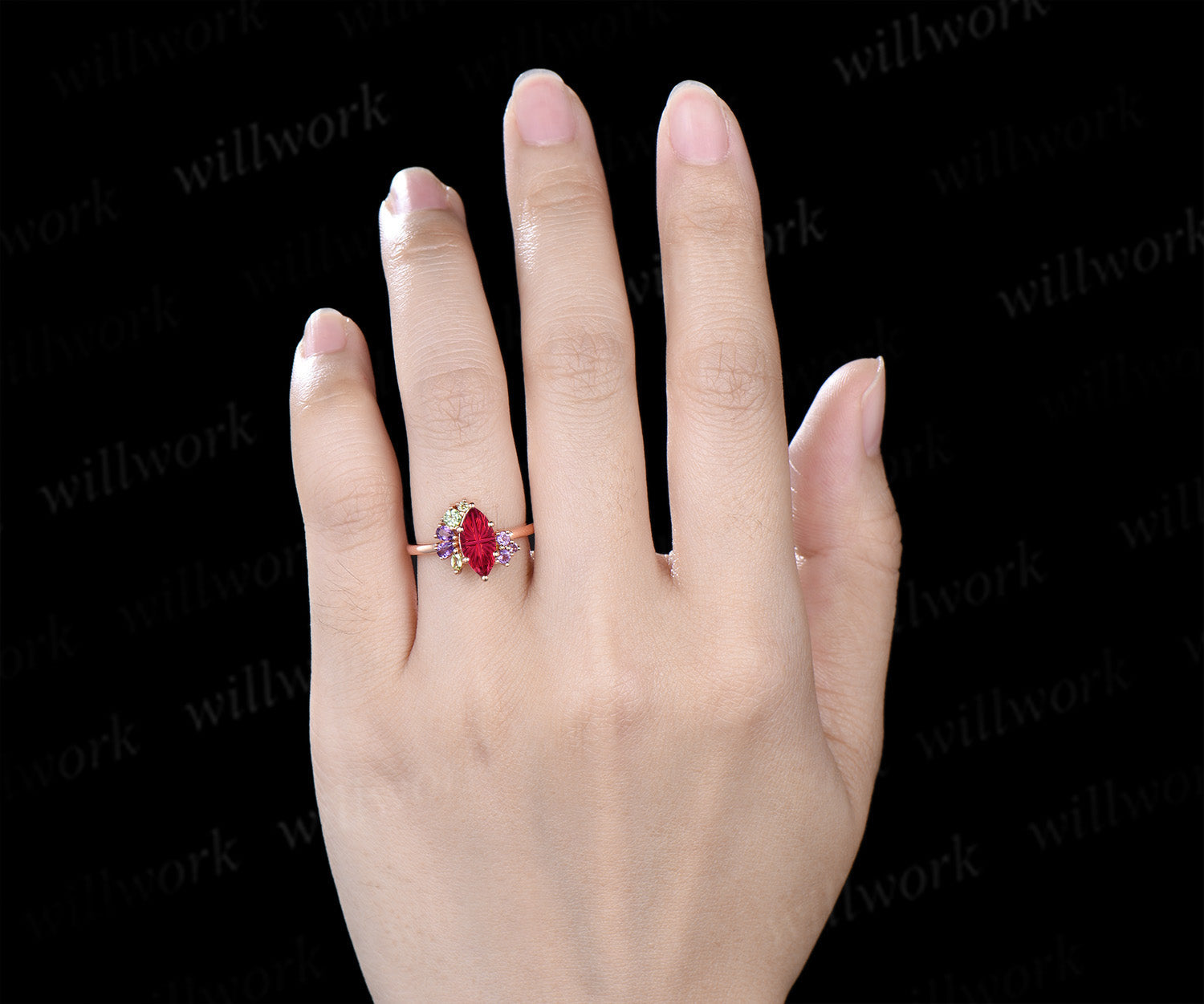 Marquise Fantasy Cut Ruby Ring Set Leaf Twig Moon Promise Ring